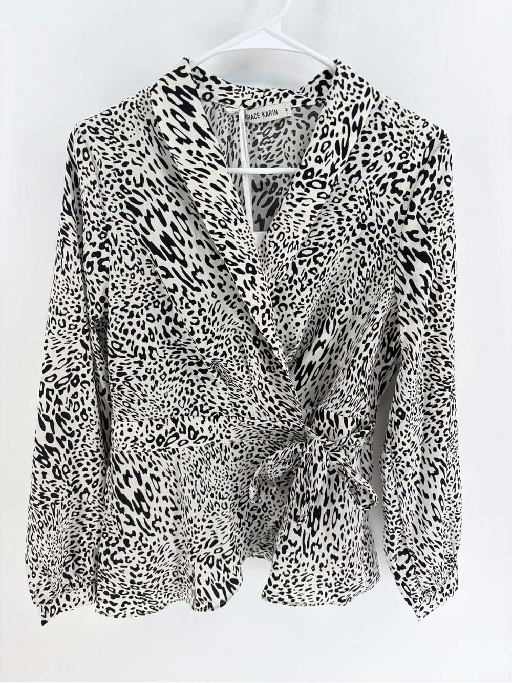 Grace Karin Black & White Animal Print Wrap Blouse - Size Medium